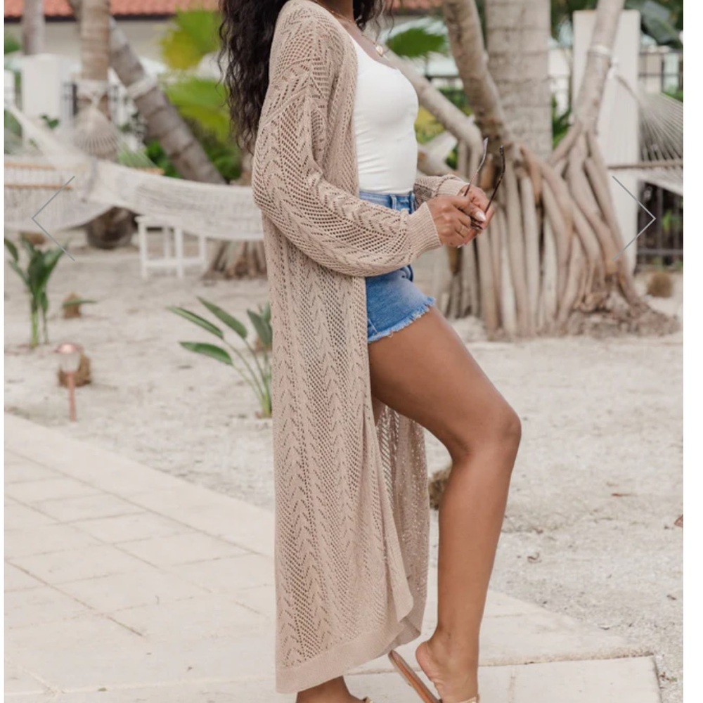 MOMENT IN THE SUN TAUPE OPEN KNIT CARDIGAN